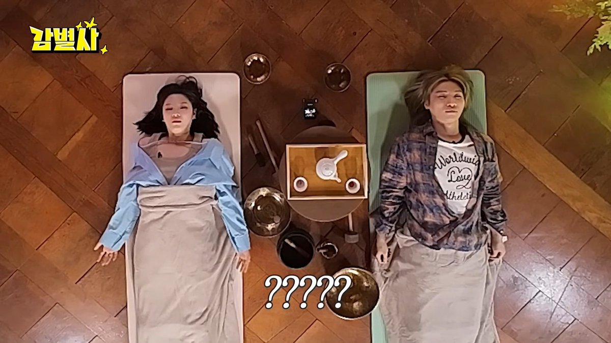 Jeongyeon and Daesung almost falling asleep from the meditation before the instructor made a loud noise from dropping something and woke them up 😭