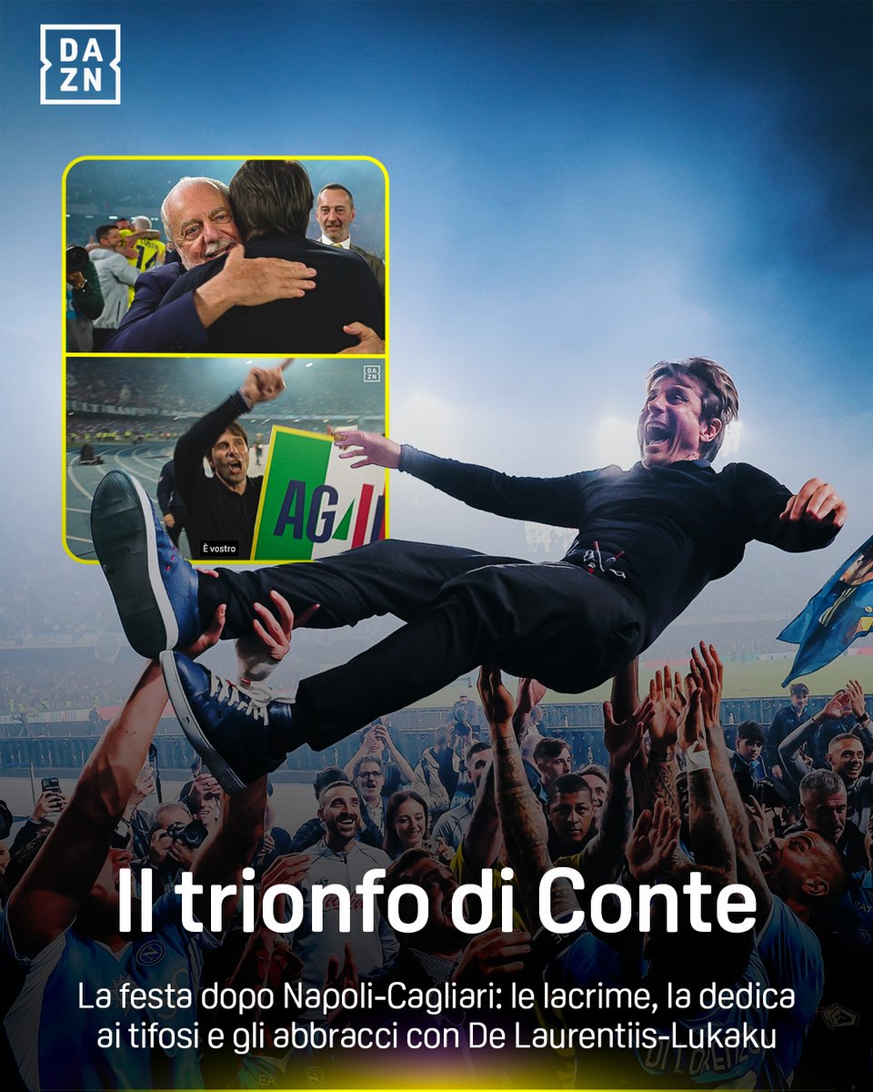 Conte, in 𝒍𝒂𝒄𝒓𝒊𝒎𝒆, portato in 𝒕𝒓𝒊𝒐𝒏𝒇𝒐 🥲🥳🏆 L'abbraccio con De Laurentiis, Lukaku e Oriali 🫂 L'esultanza con Ciro Ferrara: "𝑪𝒉𝒆 𝒉𝒂𝒊 𝒄𝒐𝒎𝒃𝒊𝒏𝒂𝒕𝒐!" 😍 🎤 @davidebernardi6 BordoCam #NapoliCagliari è disponibile ora su #DAZN! 📲 #AG4IN #ScudettoNapoli