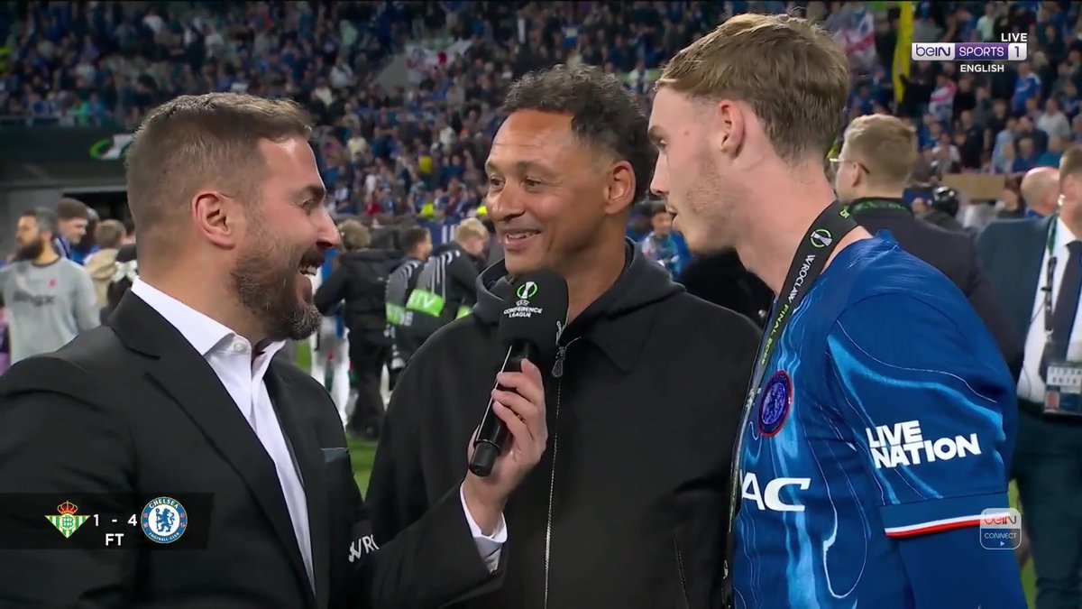 🗣️ "Short and sweet." 😅 Cole Palmer reacts to winning the UEFA Conference League trophy alongside his father! 🎙️ Ibrahim Khadra #UECLfinal #CFC