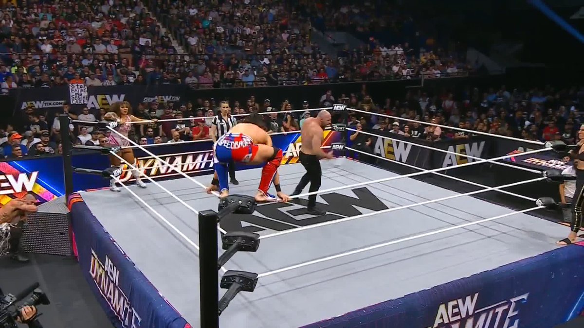 AEW World Champion Jon Moxley feeling the fury of Speedball Mike Bailey! Watch #AEWDynamite LIVE on TBS & MAX