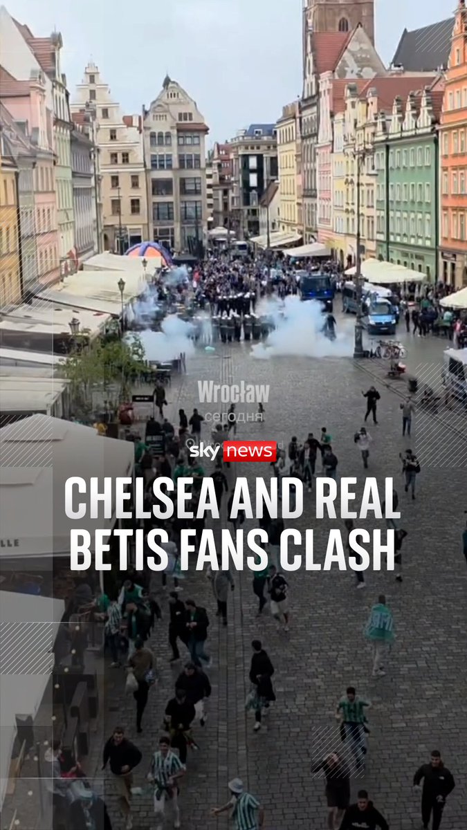 Clashes broke out between Chelsea and Real Betis supporters in the lead-up to the UEFA Conference League final. Local police were seen using a water cannon while dozens of officers gathered in the Wroclaw Market Square.