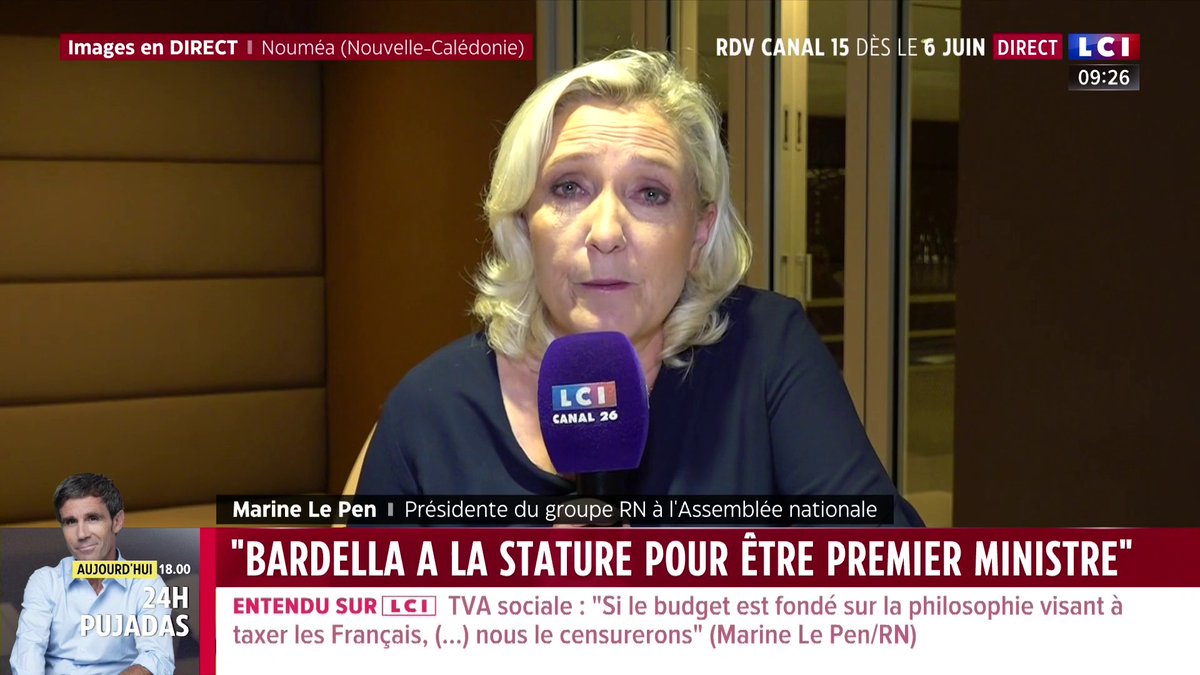 🔴 Marine Le Pen (Marine Le Pen), invitée de Marie Chantrait sur LCI 🗣️ 2027 : "Jordan Bardella a la stature pour être Premier ministre parce que c'est la responsabilité que je compte lui confier. Pour l'instant, je suis candidate à la présidentielle."