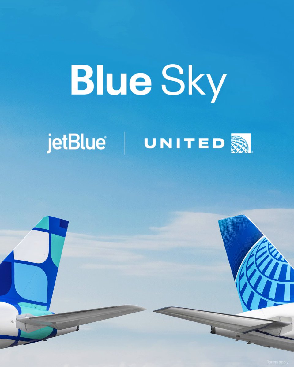 This is the beginning of a blue-tiful friendship. 💙 Introducing Blue Sky, the new collaboration between JetBlue and United that gives TrueBlue members and MileagePlus members the opportunity to earn and use miles and points across both airlines, travel to more destinations – and the benefits of each airline’s loyalty programs will be available when you fly with either one of us, starting as early as this fall. Learn more: