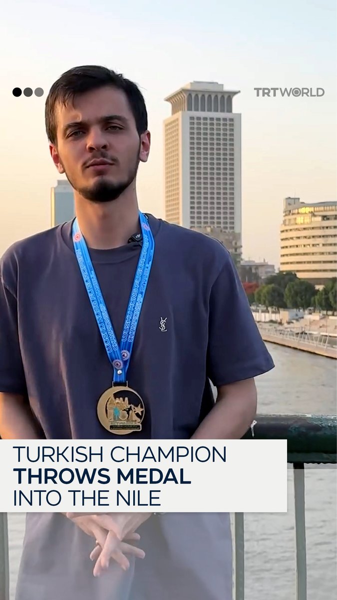 Turkish athlete Necmettin Erbakan Akyuz cast his medal into the Nile River after the European Wushu Kungfu Federation suspended his championship title and launched an investigation into his support for Palestine