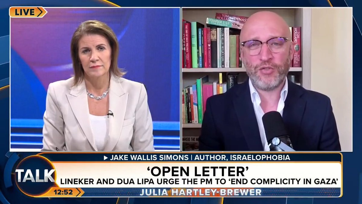 Julia Hartley-Brewer blasts celebrities who signed an open letter urging PM Keir Starmer to 'end UK complicity' in Gaza. Author Jake Wallis Simons: "This stuff is patently a load of rubbish and yet is being pumped out by people who have this authority!" Julia Hartley-Brewer