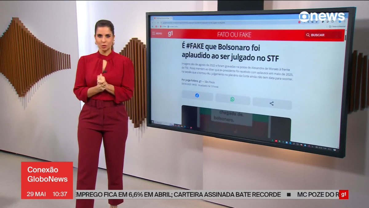 É #FAKE que Jair Bolsonaro (PL) foi aplaudido ao ser julgado no STF; imagens são de agosto de 2022 e foram gravadas na posse de Alexandre de Moraes à frente do TSE. #ConexãoGloboNews ➡ Assista na #GloboNews :