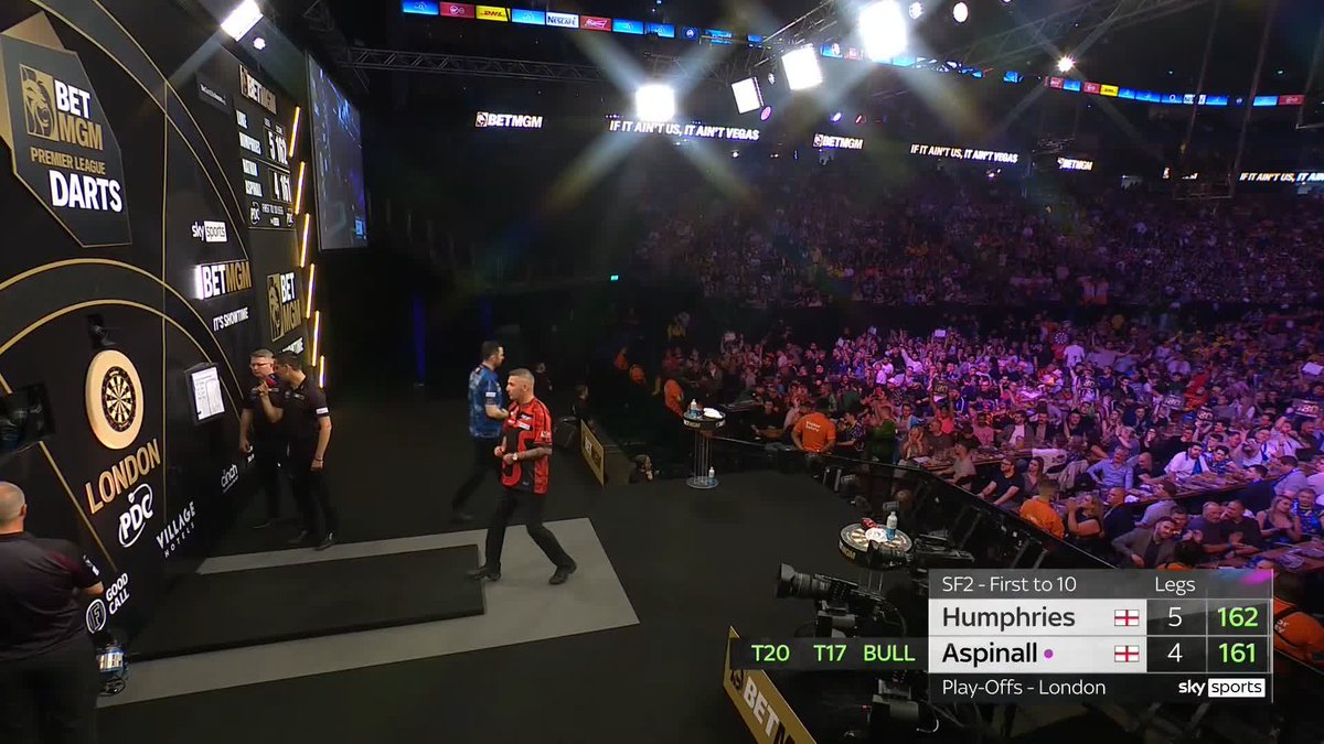 ASP DRAWS LEVEL! Nathan Aspinall averaging 105.16 here as he makes it 5-5 against Luke Humphries! All to play for here! 📺 #PLDarts25 | Play-Offs SF2