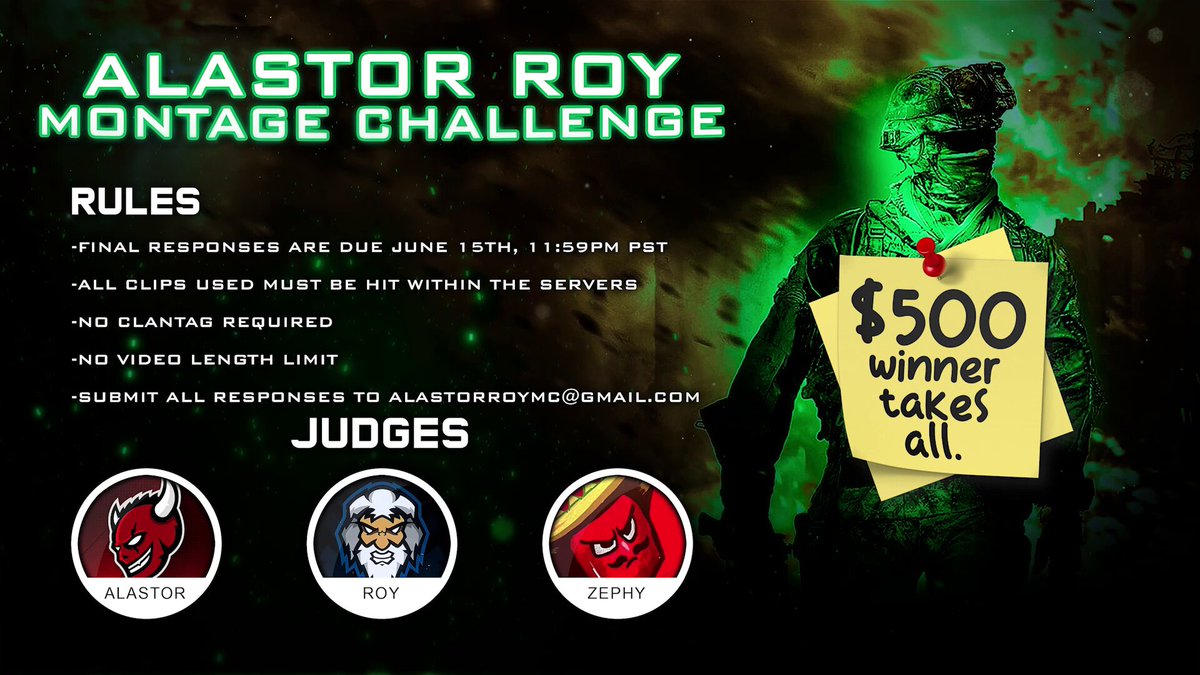 ANNOUNCEMENT ALASTOR ROY SL SERVERS ARE BACK! $500 MONTAGE CHALLENGE DUE DATE: JUNE 15th ALL CLIPS MUST BE HIT ON OUR SERVERS