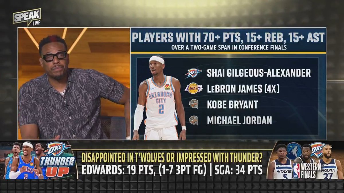 "We’re talking about an all-time run right now by this kid. If we're gonna be talking about faces of the league… We gotta start looking at Shai Gilgeous-Alexander." Paul Pierce with HIGH praise for SGA and the Thunder 🗣️ (via Speak)