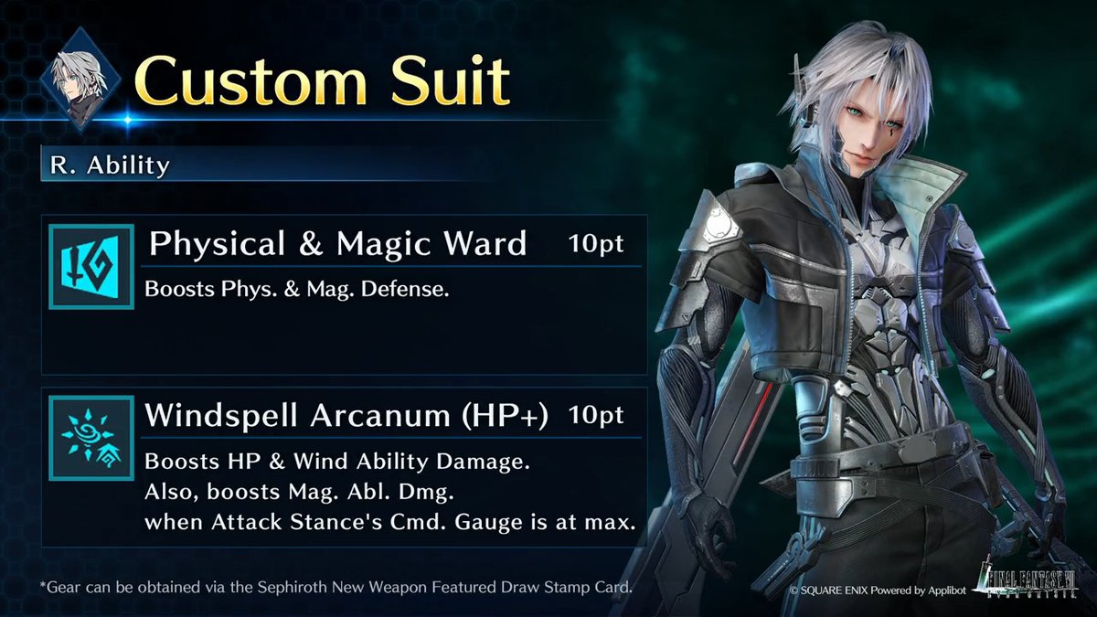 Check out Sephiroth's Custom Suit! Get this Sephiroth-Exclusive Gear from Sephiroth New Weapon Featured Draw on the Stamp Card! #FF7EC #FF7EverCrisis #FF7