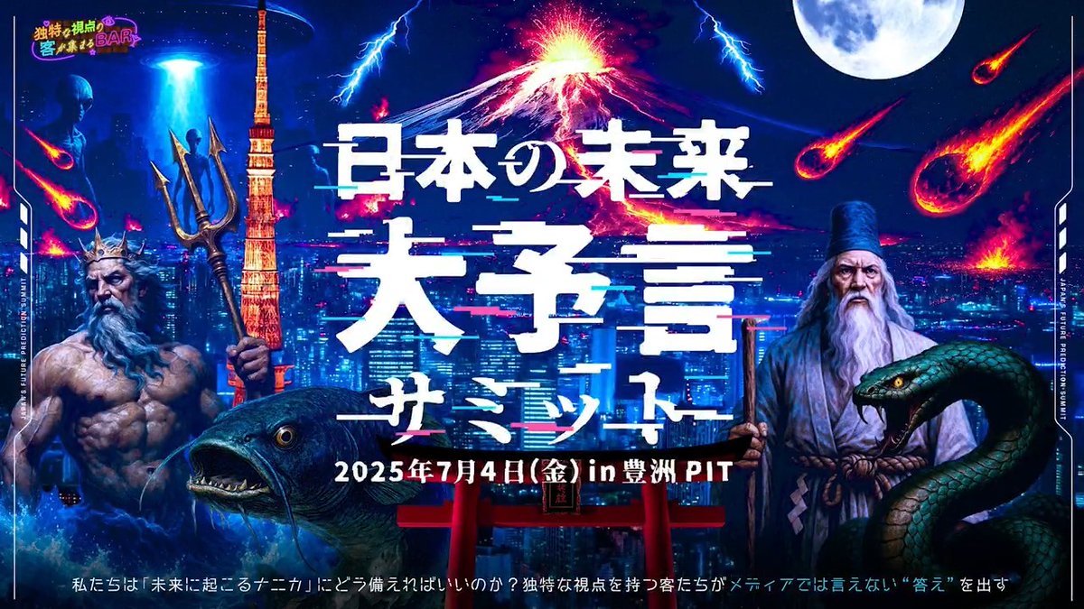 / 日本の未来大予言サミット👁️ 6/1(日)23:59までチケット先行受付中⚠️ \ 未来に起きる「ナニカ」にどう備える⁉️ #独特な視点の客が集まるBAR 初のイベント! 🗓️7月4日(金) 15時/19時START 📍豊洲PIT 🍸#マキタスポーツ #三上丈晴(月刊ムー編集長)他 🎫 #大予言サミット