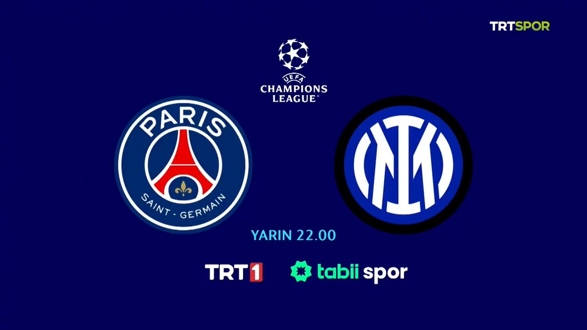 ⚔️ Şampiyonlar Ligi'nde dev final! 👀 UEFA Şampiyonlar Ligi'nde Inter 4'üncü, PSG ilk kupa peşinde. 📅 Yarın ⏱️ 22.00 🏟️ Allianz Arena 📺 tabii & tabii spor & TRT 1