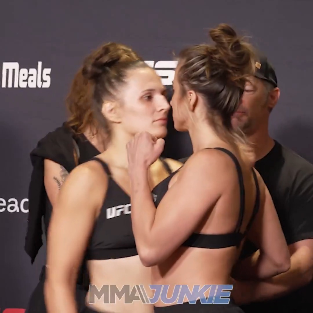 Tempers flare at the #UFCVegas107 faceoff after Maycee Barber followed much trash talk by missing weight vs. Erin Blanchfield. 👀
