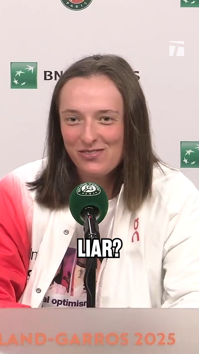 "Am I a good liar?" 🤭 Iga gave her best poker face when asked if she'd rather play Rybakina or Ostapenko next ⤵️ #RolandGarros