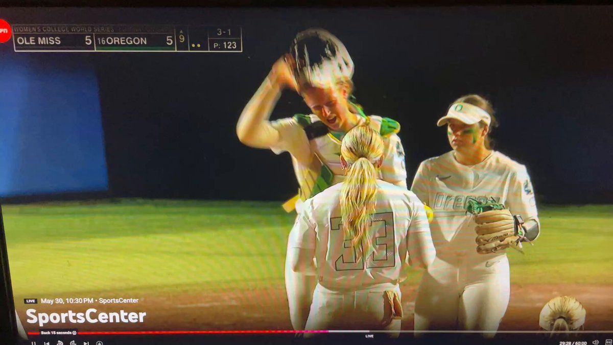 Oregon pitcher had dirt fly off her cleat, her pitch shatters the dirt clot midway between the circle and the plate ... dirt flies in catchers eye. U've never seen that before.