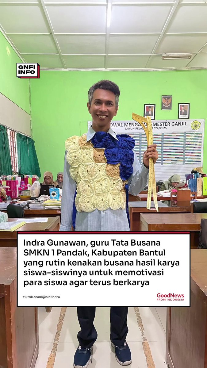 Indra Gunawan, guru Tata Busana SMKN 1 Pandak, Kabupaten Bantul, Yogyakarta, kenakan busana hasil karya siswa-siswinya untuk memotivasi para siswa agar terus berkarya. Inisiatif tersebut lahir dari keinginan Indra untuk memperkenalkan produk, membangkitkan motivasi, meningkatkan kreativitas, dan sebagai bentuk apresiasi kepada para anak didiknya. Telah lama menjadi guru di SMKN 1 Pandak, Indra telah terbiasa mengenakan pakaian hasil karya para muridnya. Namun, kini semakin rutin dilakukan sebagai salah satu metode pembelajaran usai penerapan kurikulum merdeka. Ia mengenakan busana rancangan para siswa setiap Kamis dan Jumat. Kegiatan inovatif tersebut, dibagikan Indra melalui akun pribadi miliknya di platform TikTok. Indra mendapat banyak apresiasi dari masyarakat Indonesia atas dukungannya kepada para siswa-siswi.