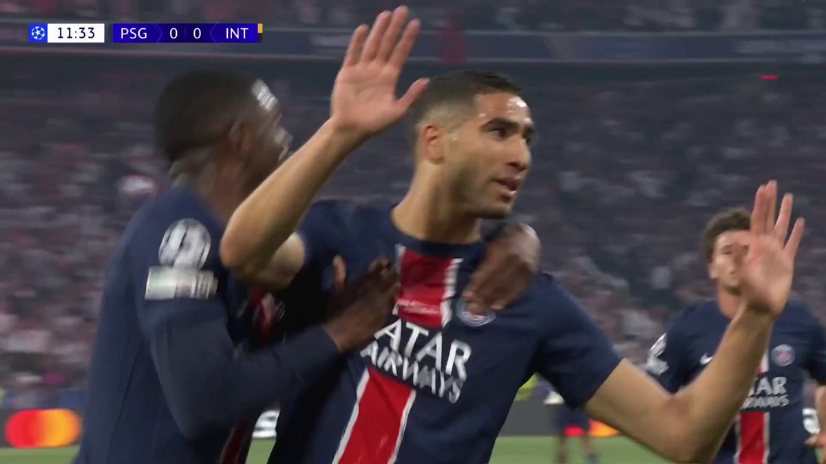 Quarter-final goal ✅ Semi-final goal ✅ Final goal ✅ Achraf Hakimi gives PSG an early lead in the Champions League final, but refuses to celebrate against his former side Inter ⚽ 📺 TNT Sports &amp; discovery+ UK