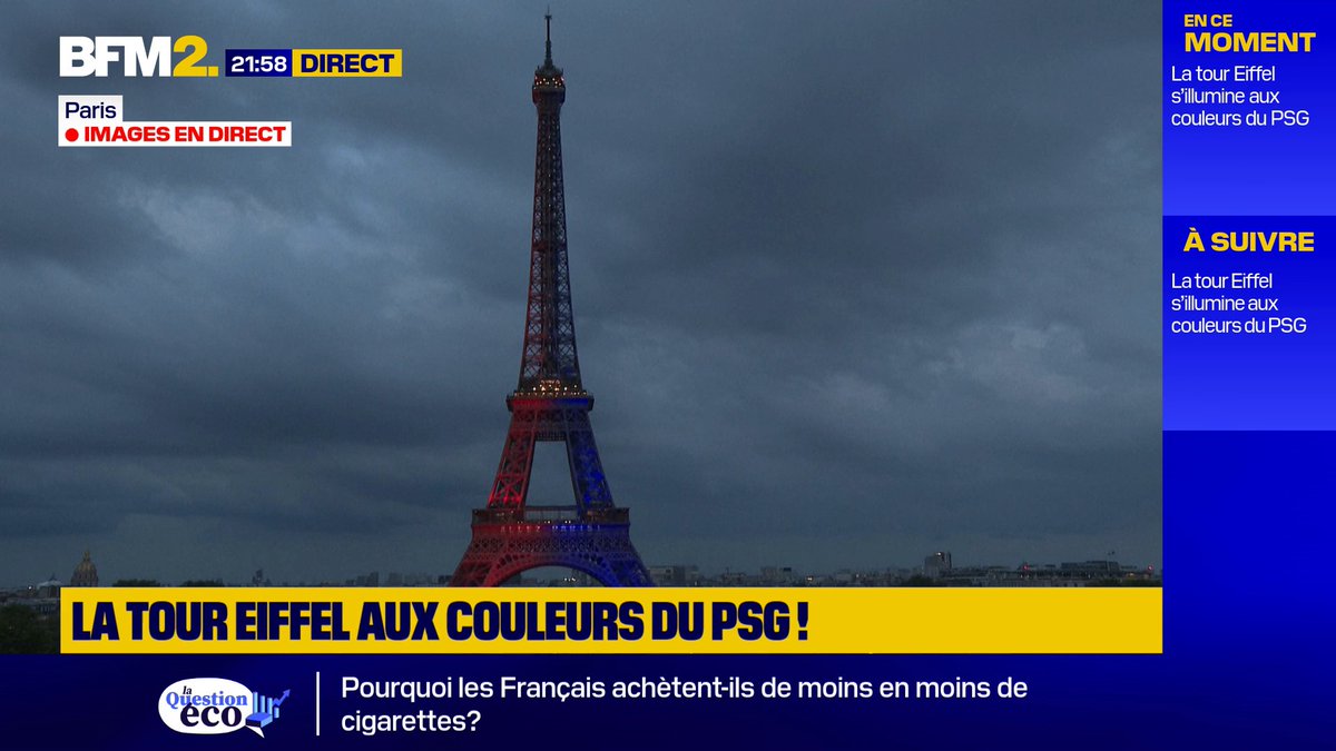 La tour Eiffel s'est parée des couleurs du Paris Saint-Germain pour la finale de la Ligue des Champions. Le PSG mène 2-0, à la mi-temps, face à l'Inter Milan #BFM2