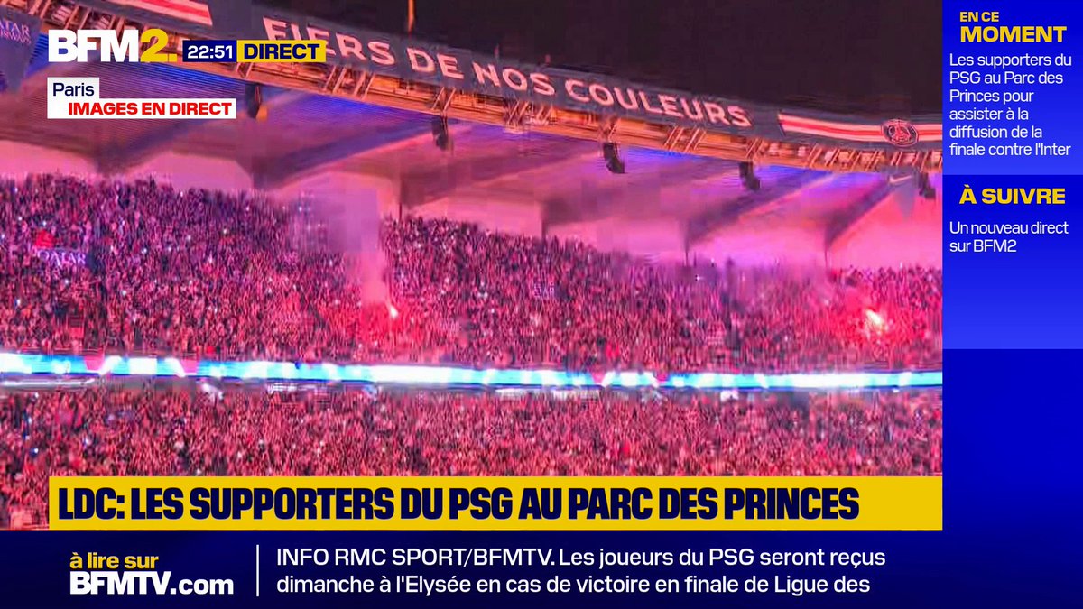 Ligue des Champions : explosion de joie des supporters du PSG, au moment du coup de sifflet final. Le club parisien remporte la Ligue des Champions contre l'Inter Milan (5-0). Le match a été diffusé en direct au Parc des Princes, devant 48 000 spectateurs #BFM2
