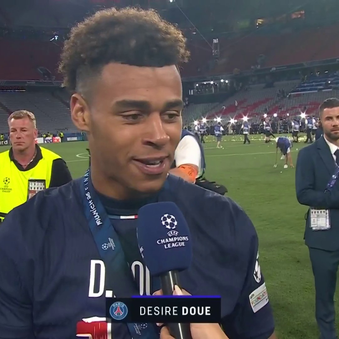 "I have NO words!" 😅 19-year-old Desire Doue is lost for words when trying to describe the feeling of two goals and an assist in the Champions League final 🎙️ Jules Breach | 📺 TNT Sports & discovery+ UK