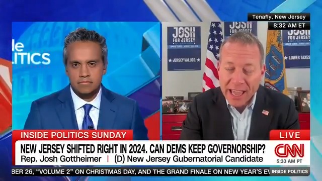 NEW: "I think this is going to be a very tough November for whichever Democrat wins." Rep Josh Gottheimer speaks with Manu Raju about his New Jersey governor bid, the Democratic Party's challenges and how he plans to win in a state that moved toward President Trump in 2024. #InsidePolitics