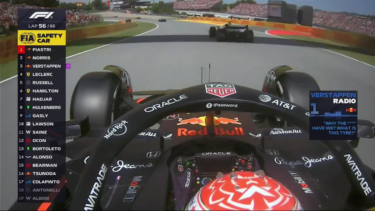 "Max Verstappen" Porque entró a boxes por el safety car y el equipo en vez de elegir neumáticos blandos para atacar a los McLaren, pusieron neumáticos duros. Mi pija tiene más agarre que esos neumáticos, qué mierda eligieron los pelotudos de Red Bull.