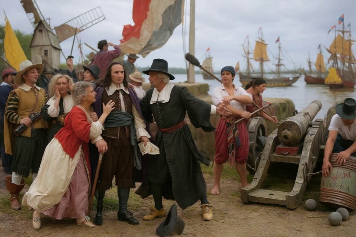 Okay last one Let's try a painting "Fall of New Amsterdam", a painting from 1932 about the 1664 fall of New Amsterdam to the British First turned into a photo with Flux Kontext Then turned into a video with Kling 2.1 and added audio with Elevenlabs, obviously it needs some actual 1664 Dutch shouting And the video isn't without anomalies But nice to see what's possible now