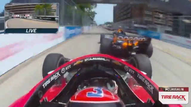 Nolan Siegel goes around after contact from Scott McLaughlin. #DetroitGP