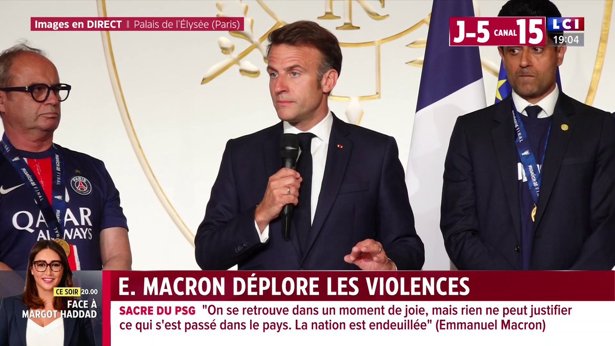 #PsgInter – Emmanuel Macron parle d'un « lourd bilan » et de faits « très graves » : "Des personnes sont mortes, des pompiers et policiers blessés dont un dans le coma (…) La réponse sera à la hauteur. Nous punirons"