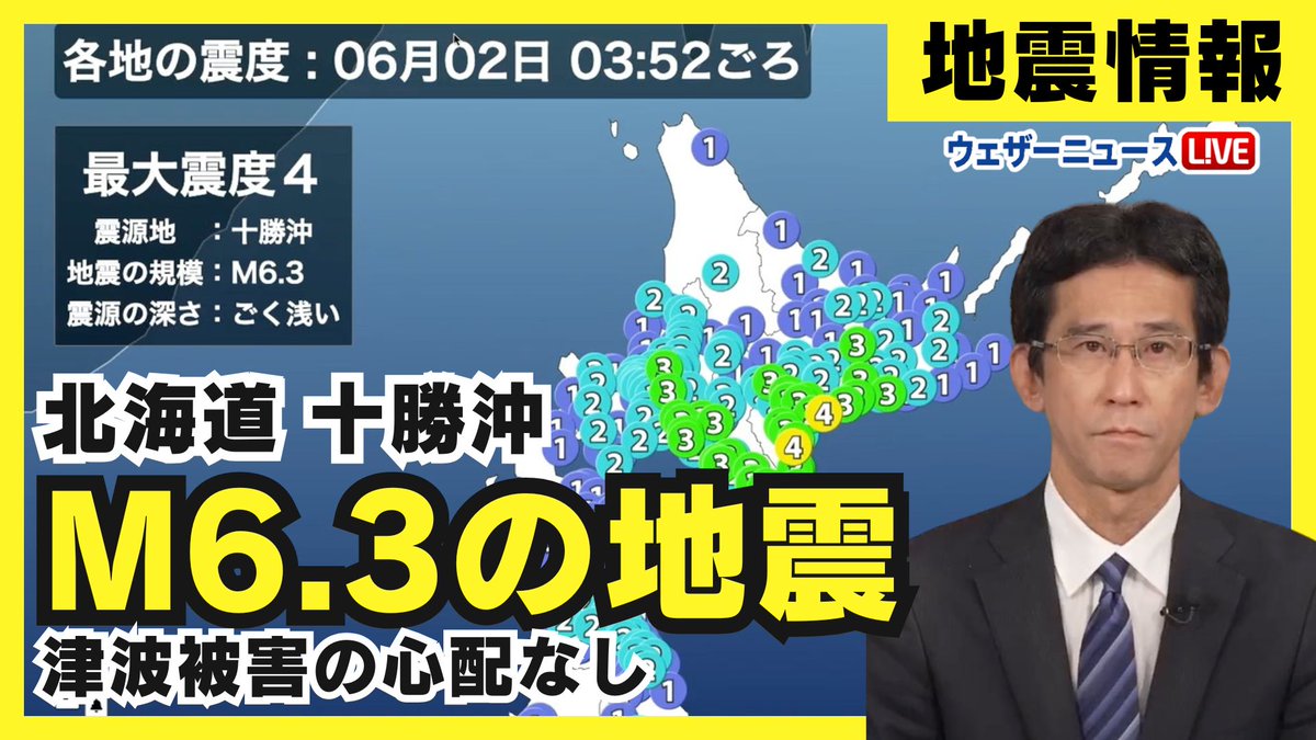 2日(月)3時52分頃、北海道で最大震度4を観測する地震がありました。 震源地：十勝沖 マグニチュード：6.3 震源の深さ：ごく浅い この地震により、日本の沿岸では若干の海面変動があるかもしれませんが、津波被害の心配はありません。 ▼お天気アプリ「ウェザーニュース」