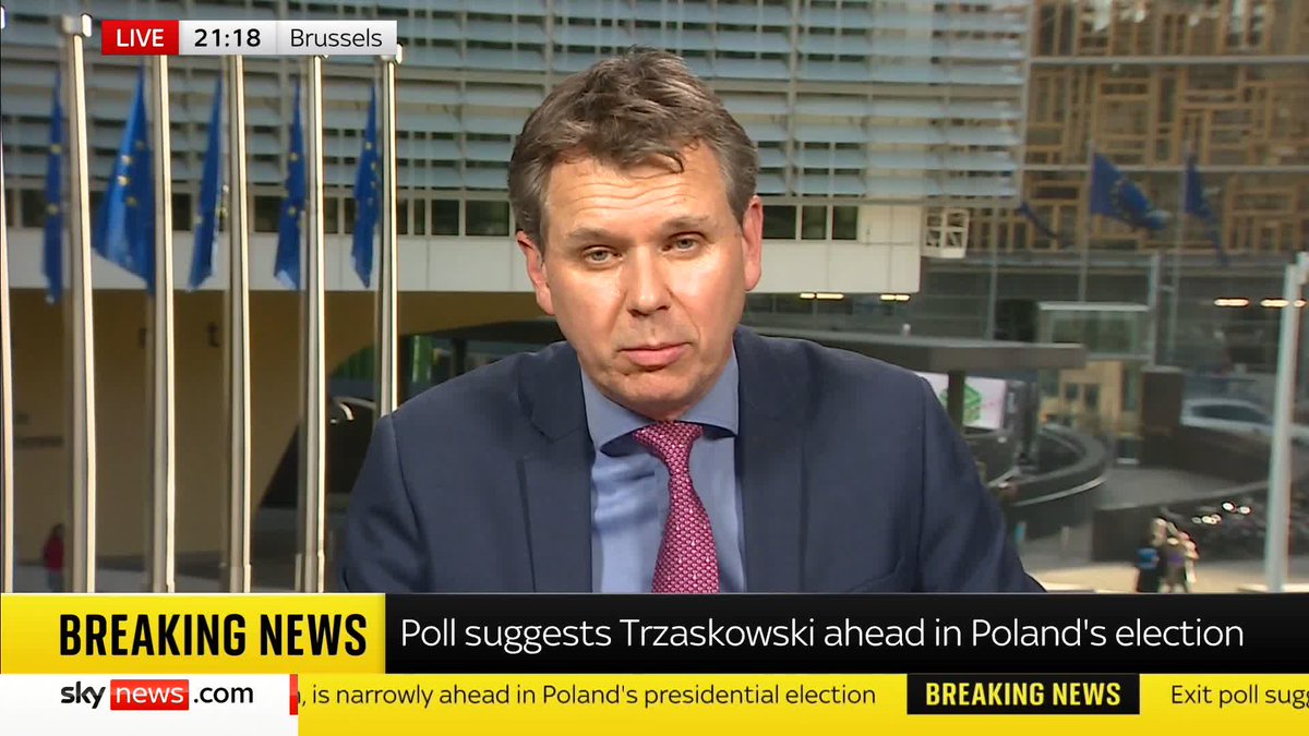 'Trzaskowski is in favour of the EU and has closer ties with Brussels.' Adam Parsons reports as the exit polls in Poland suggest that the centrist candidate Trzaskowski is marginally ahead in the presidential election - but it's too close to call.