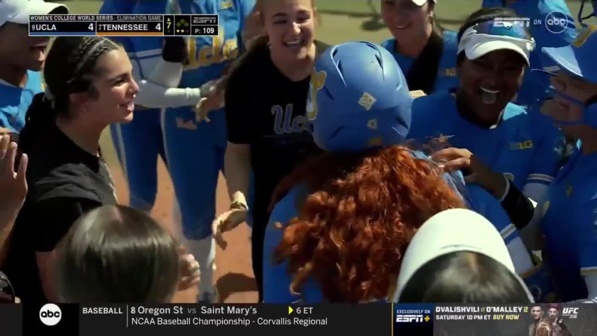 All tied up‼️ UCLA Softball star Megan Grant's two-out, two-run HR evens the score in the 7th inning. #B1GSoftball on ABC 📺