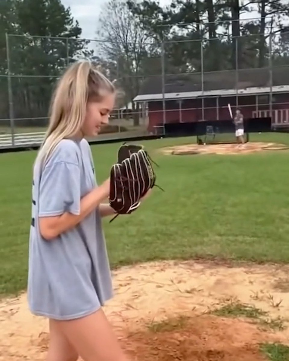 Softball player goes head-to-head with a baseball player and tries to strike him out 😂