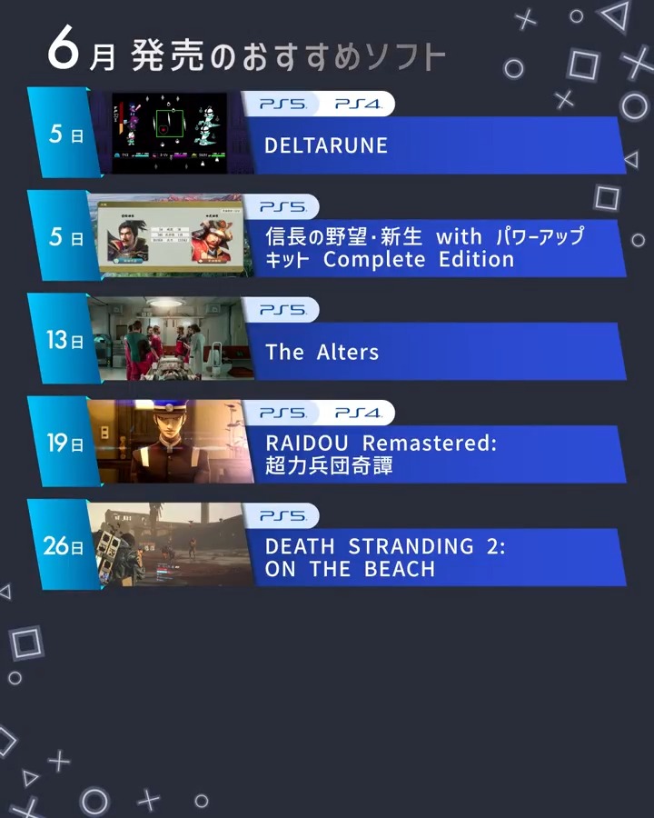 6月発売のPS5®/PS4®ソフトから ・DEATH STRANDING 2: ON THE BEACH ・RAIDOU Remastered: 超力兵団奇譚 ・DELTARUNE ・信長の野望・新生 with パワーアップキット Complete Edition ・The Alters をチェック！ 詳しくはこちら⇒