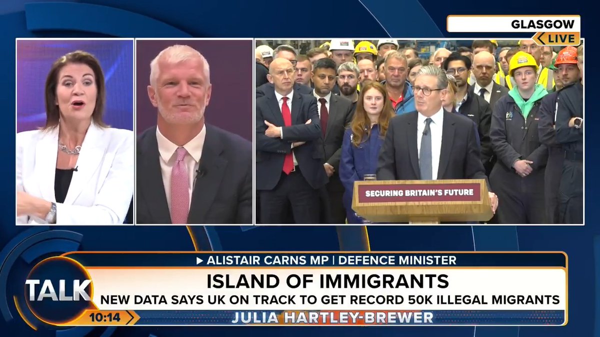 Julia Hartley-Brewer grills defence minister Alistair Carns as 1,194 migrants arrived in the UK after crossing the English Channel on Saturday. "How can we defend our borders from a force with arms when we can't defend our borders from young, undocumented men?" Julia Hartley-Brewer