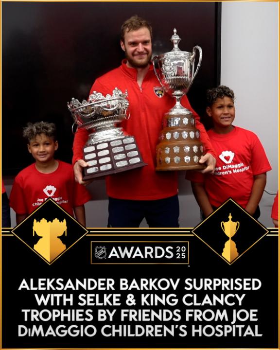 SURPRISE 🎉 Aleksander Barkov received the Frank J. Selke Trophy and the King Clancy Memorial Trophy as a special surprise from his friends at the Joe DiMaggio Children's Hospital! #NHLAwards Watch Barkov and the Florida Panthers in the #StanleyCup Final vs. the Edmonton Oilers starting Wednesday at 8p ET on NHLonTNT, @SportsonMax, Sportsnet, and TVA Sports.