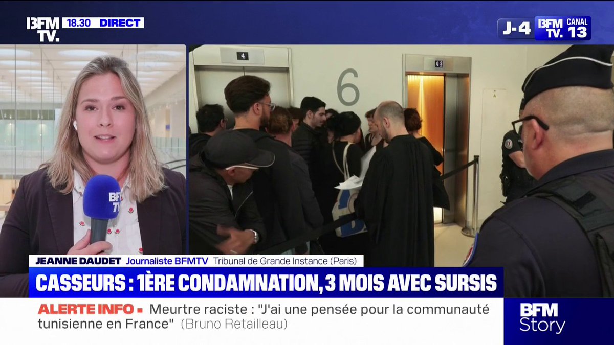 🇫🇷⚖️ FLASH – Aurélien, un jeune homme de 20 ans, a été condamné en comparution immédiate à 3 mois de prison avec sursis et à 500 euros d’amende. Il avait tiré au mortier sur des CRS à Paris lors des festivités célébrant la victoire du PSG. (BFMTV)