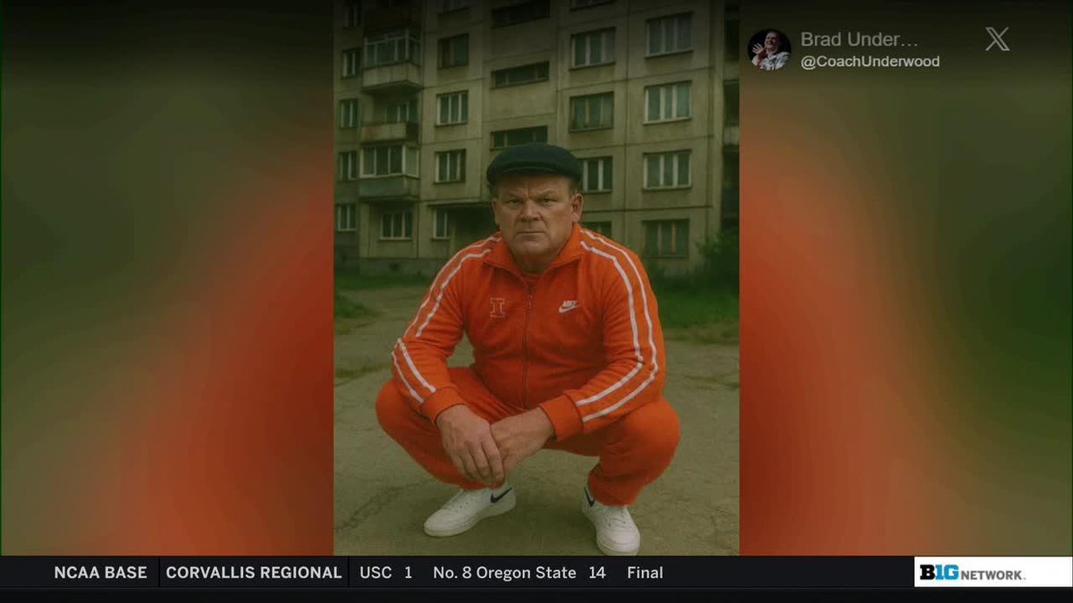 "I'm working on getting that sweatsuit for the first game." 😆 Rick Pizzo asked Illinois Men's Basketball's Brad Underwood about his Balkan-inspired avatar this spring that went viral 👇 #B1GToday x #B1GMBBall