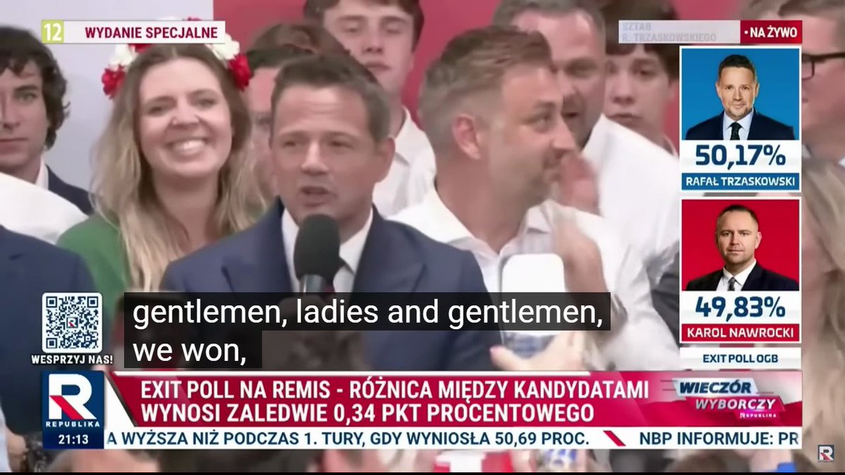 Globalist Rafał Trzaskowski was "President of Poland" for the entire 2 hours yesterday, between the exit poll and the late poll 😂 He declared victory right after the first exit poll was released: