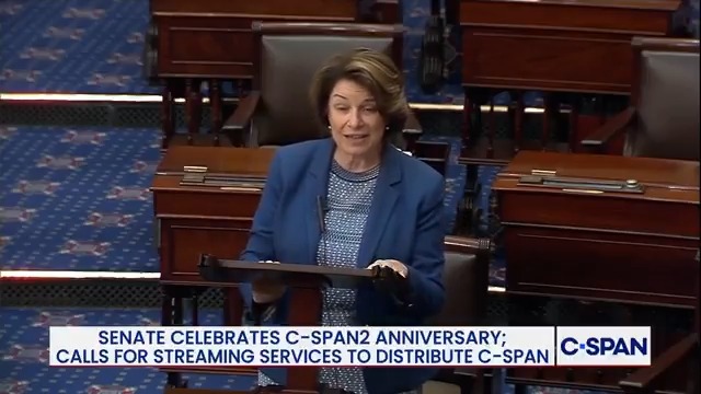 Sen. Amy Klobuchar: "Sen. Grassley and I wanted to highlight how important it is for all television providers, including major streaming services like YouTube TV, owned by Google, and @Hulu + Live TV, owned by Disney, to provide the American public with C-SPAN."