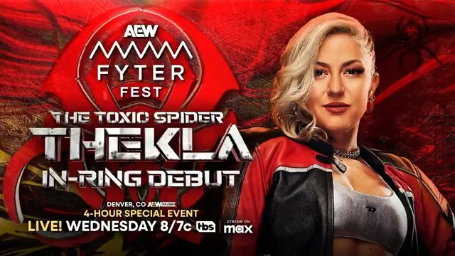 This Wednesday, 6/4 #AEWFyterFest 4-Hours LIVE, 8ET/7CT on TBS + MAX “The Toxic Spider” Thekla makes her in-ring debut Wednesday! Last week on Dynamite, @Toxic_Thekla attacked JAMIE HAYTER in her first AEW appearance, and she makes her in-ring debut at Fyter Fest, THIS WEDNESDAY!