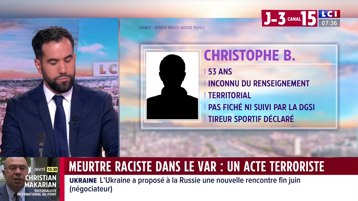 🔴 Meurtre raciste dans le Var : le parquet antiterroriste saisi de l'enquête ▶️ L’homme de 53 ans, suspecté d’avoir tué un ressortissant tunisien, est en garde à vue. Dans des vidéos sur Facebook, il avait appelé à tirer sur les personnes d’origine étrangère Raphaël MAILLOCHON