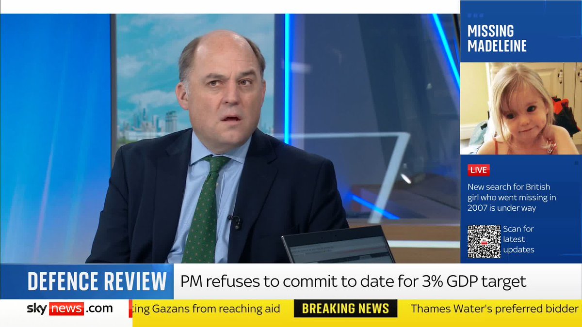 "You sort of know, the government is slightly in trouble." Former Conservative Defence Secretary Sir Rt. Hon Ben Wallace urges a “proper pathway” to the three percent defence spend after Starmer declines to set a date. 📺 Sky 501 and YouTube