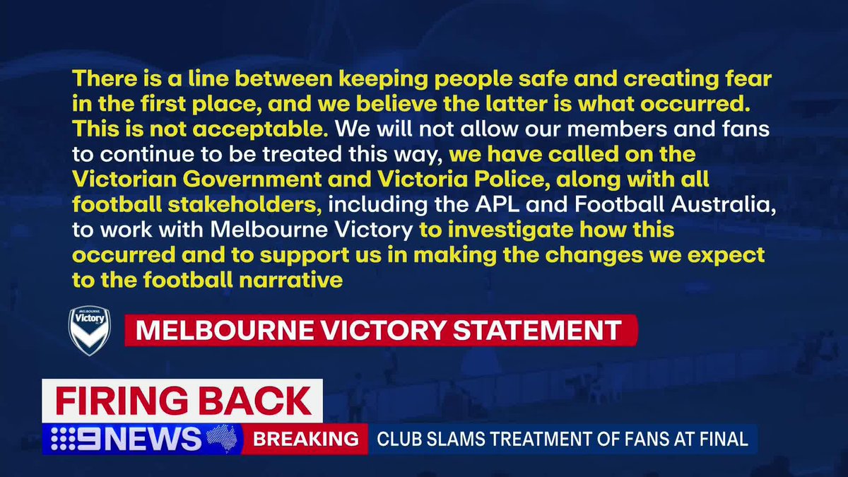 #BREAKING: Melbourne Victory has taken a huge swipe at the state government and police over Saturday night's A-League Grand Final. #9News