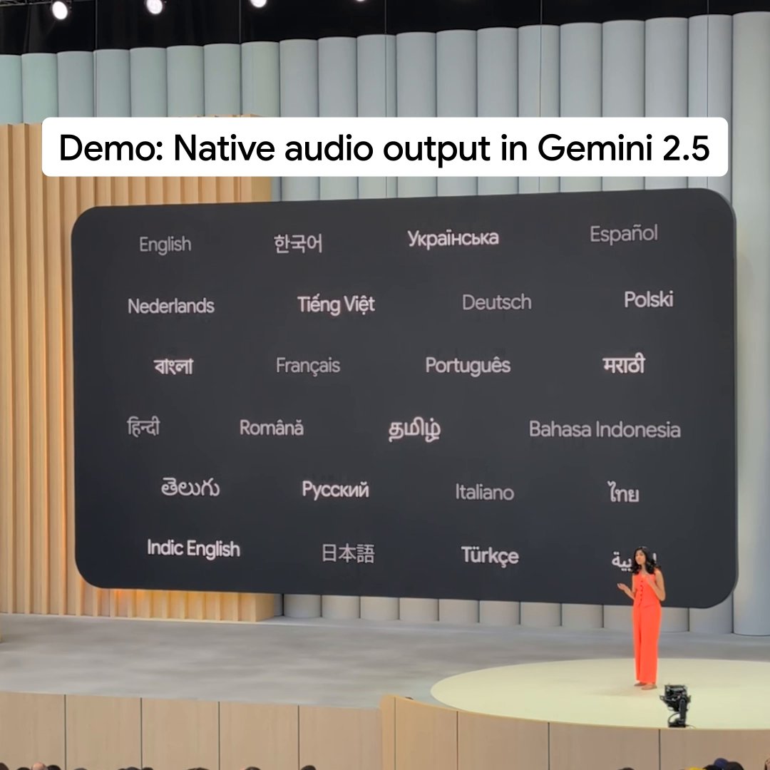 New native audio capabilities in Gemini 2.5 enable text-to-speech in over 24 languages. 🔊Voices are more natural and expressive, and you can seamlessly switch between languages.