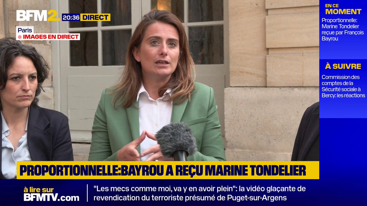 💬 "Ce que le Premier ministre nous a dit à nous, n'est pas du tout ce qu'il a dit aux autres" Marine Tondelier s'exprime après sa réunion avec François Bayrou sur la proportionnelle #BFM2