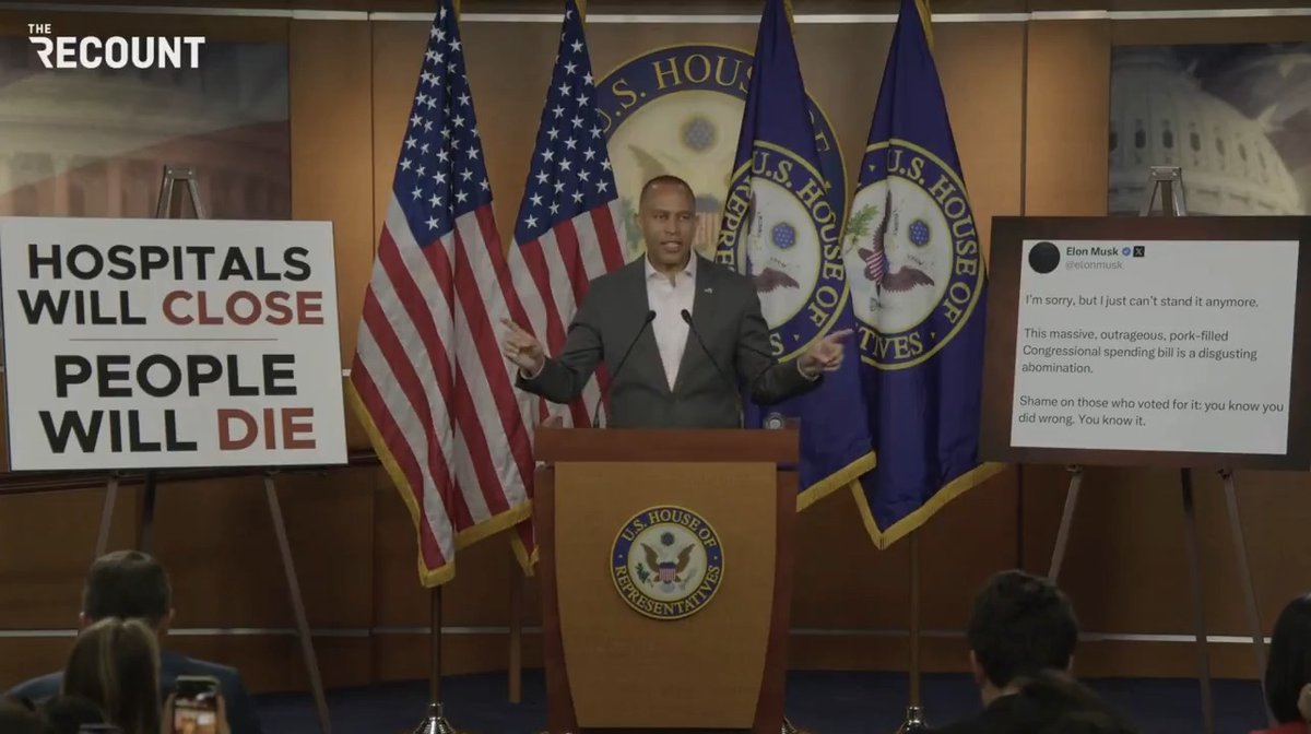 “Breaking news: Elon Musk and I agree with each other.” — Hakeem Jeffries quotes Musk’s tweet that attacks the GOP tax and Medicaid cuts bill as a “disgusting abomination”