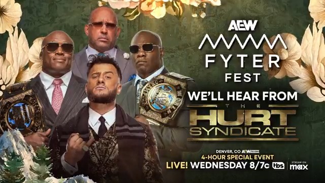 TOMORROW, 6/4 #AEWFyterFest 4-Hours LIVE, 8ET/7CT on TBS + MAX We’ll hear from The Hurt Syndicate tomorrow night! What’s next for The Hurt Syndicate Bobby Lashley, Shelton J. Benjamin, Maxwell Jacob Friedman™️ + MVP after leaving #AEWDoN victorious, find out TOMORROW NIGHT!