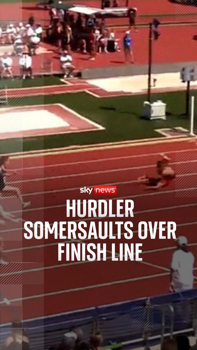 Video shows the moment a hurdler clipped the last hurdle in a 100 metre race, causing her to somersault across the finish line.