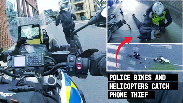 Stolen phone live tracked as e-bike suspect sped through central London, riding dangerously and narrowly missing pedestrians. Helicopter pursued and guided motorcycle officers on the ground to intercept and arrest the thief - less than an hour after the robbery occurred.